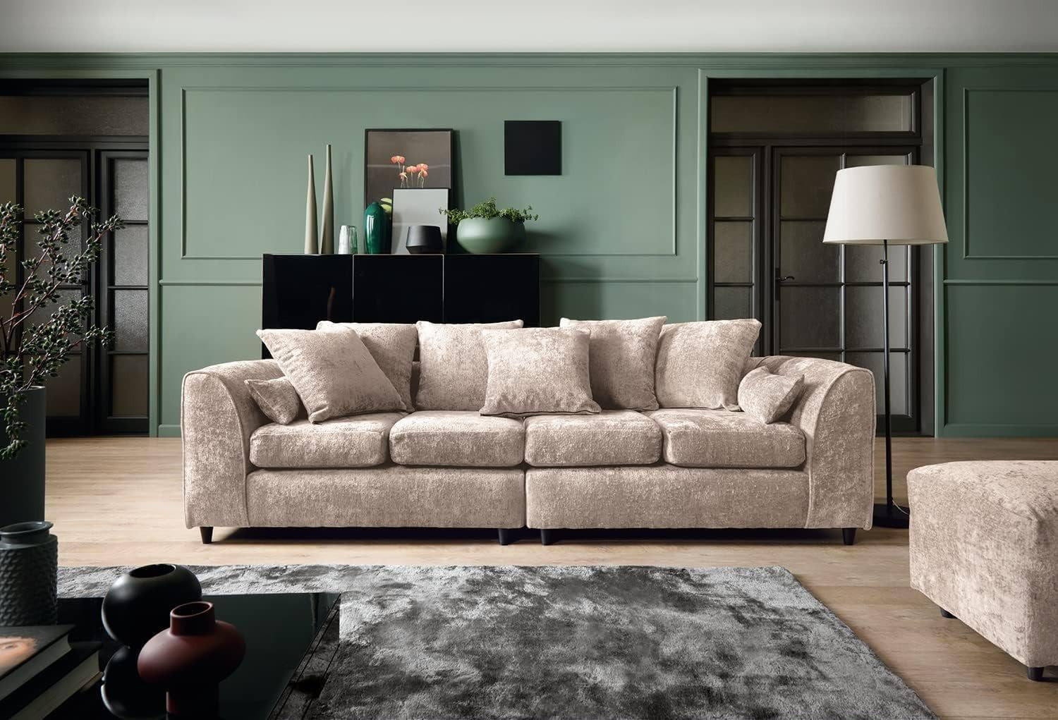 Beige Chenille 4-Seater Sofa with Deep Cushions & Soft Fabric – Family Comfort
