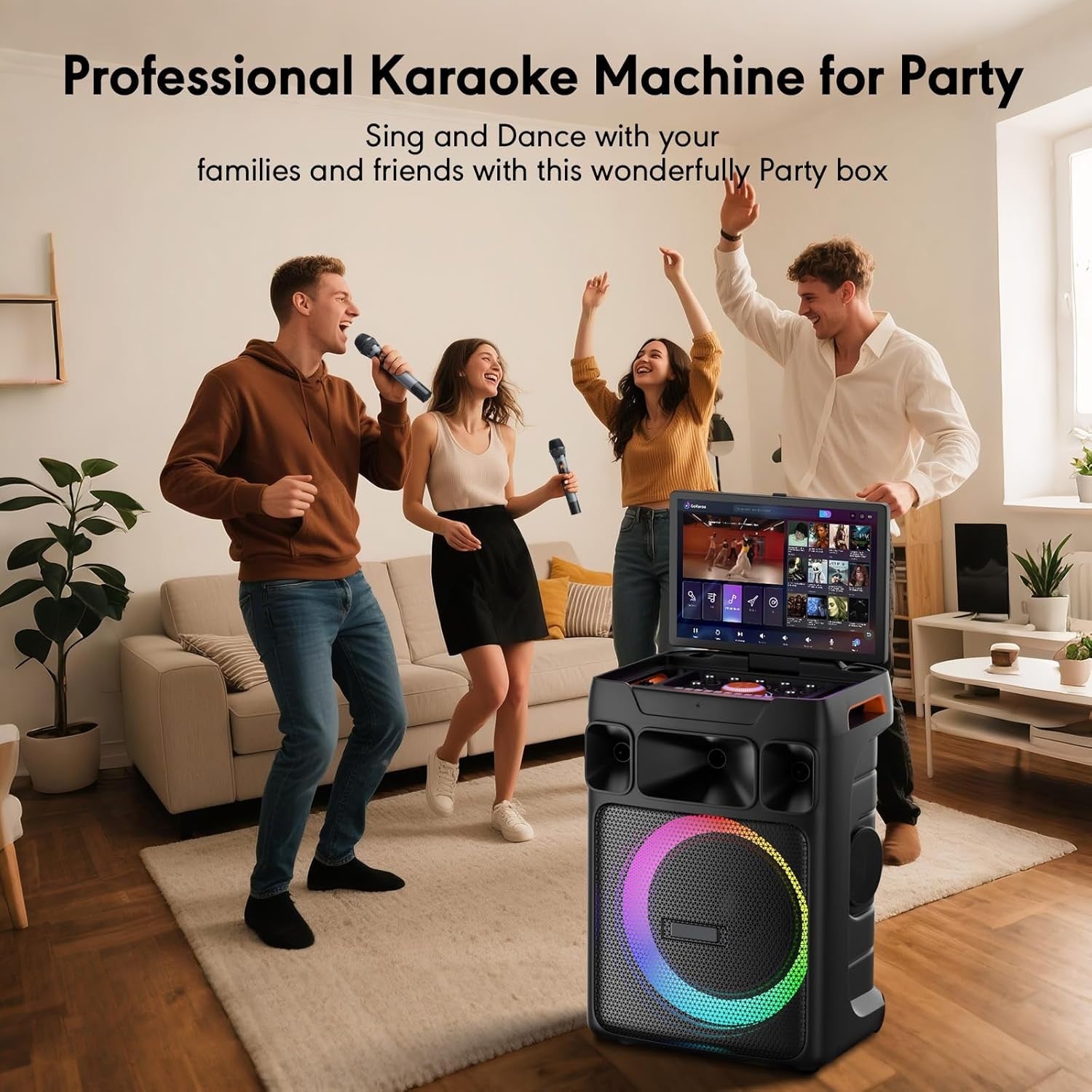Black Smart Karaoke Machine 14.1" Screen 400W Speaker 2 Mics
