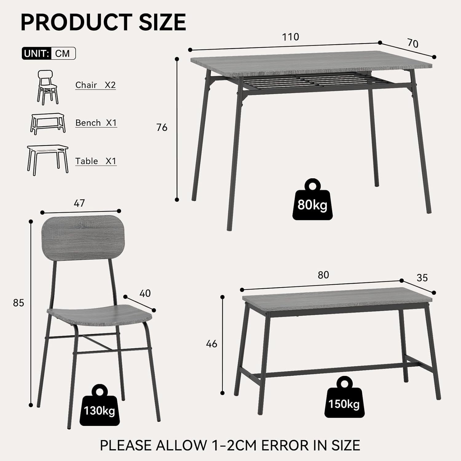 Dining Table Set with Bench & 2 Chairs | Storage Rack | Modern Grey