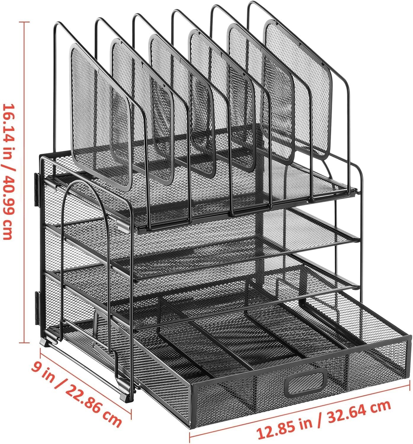 4-Tier Desk Organizer Tray with Drawer, 5 Vertical File & Pen Holders