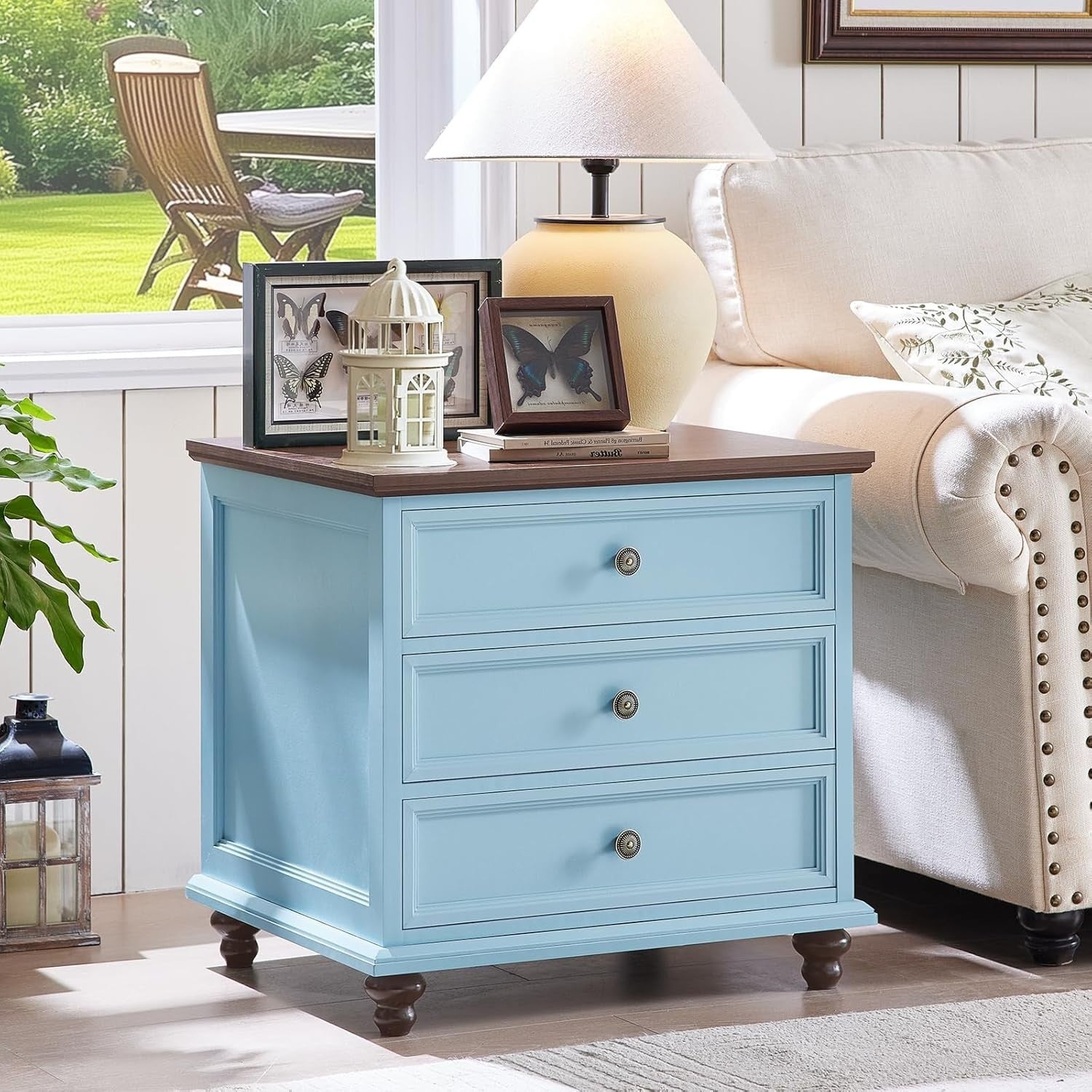 Light Blue Wooden Bedside Table with Drawers – Country Style Nightstand