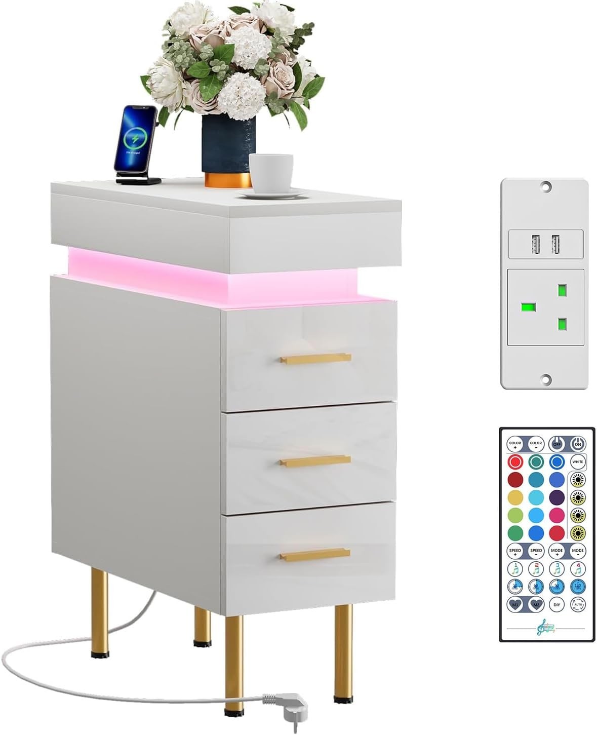 Modern LED Bedside Table with USB Charging, 3 Drawers+Hidden Storage, Gold Legs