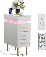 Modern LED Bedside Table with USB Charging, 3 Drawers+Hidden Storage, Gold Legs