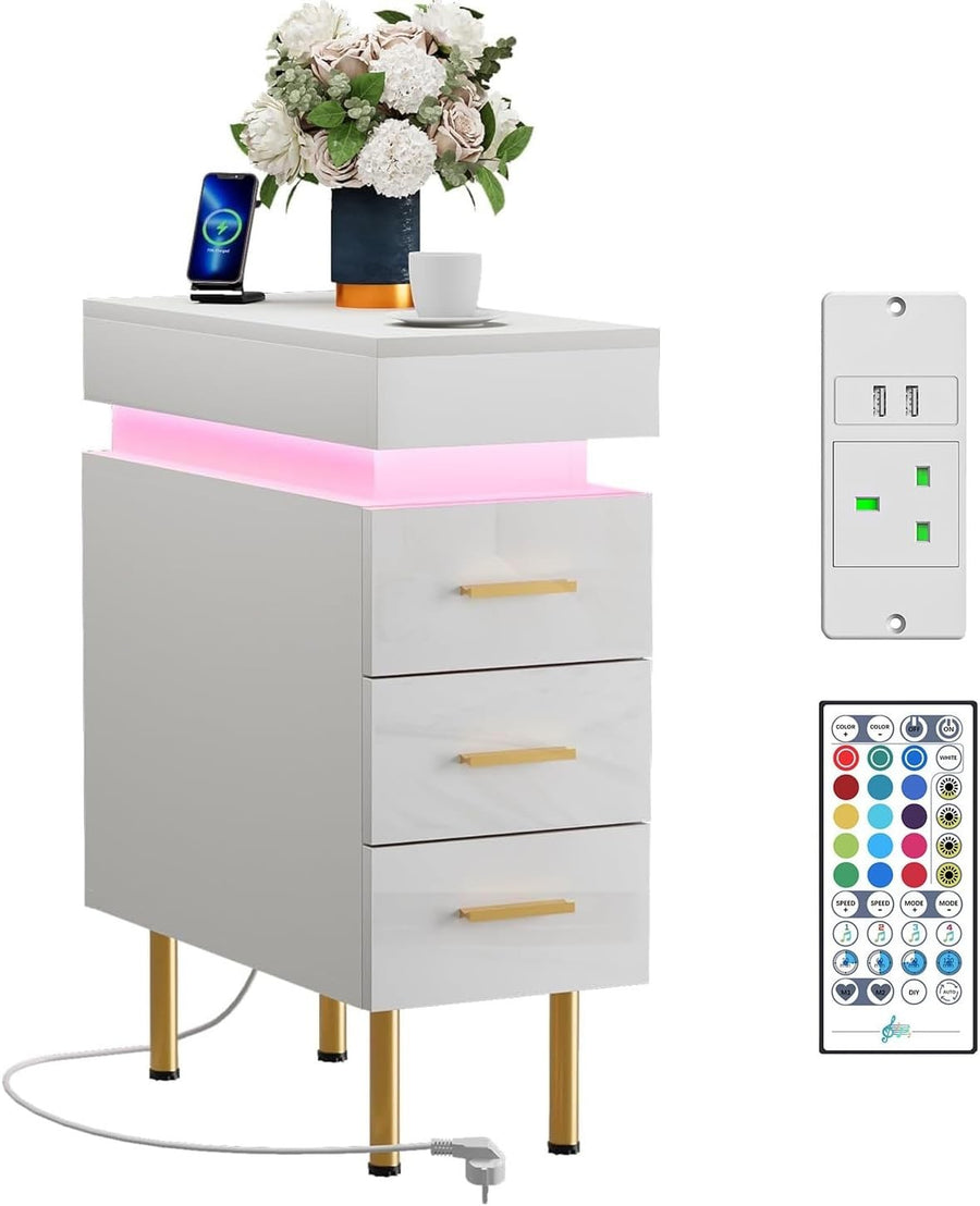 Modern LED Bedside Table with USB Charging, 3 Drawers+Hidden Storage, Gold Legs