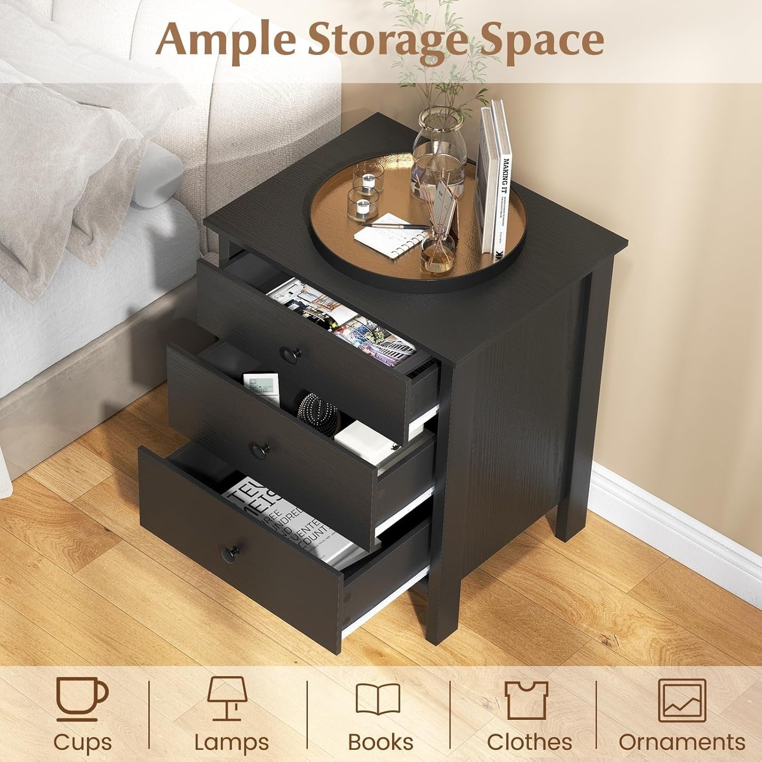 Modern Black 3 Drawer Bedside Table | Wooden Nightstand with Storage Drawers