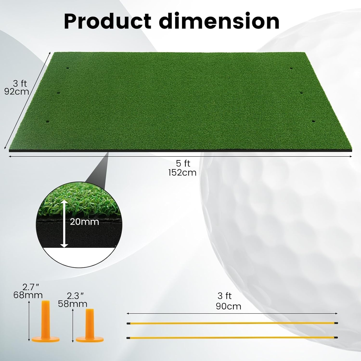 Golf Practice Hitting Mat 5x5ft Turf Mat with Rubber Tees & Alignment Sticks