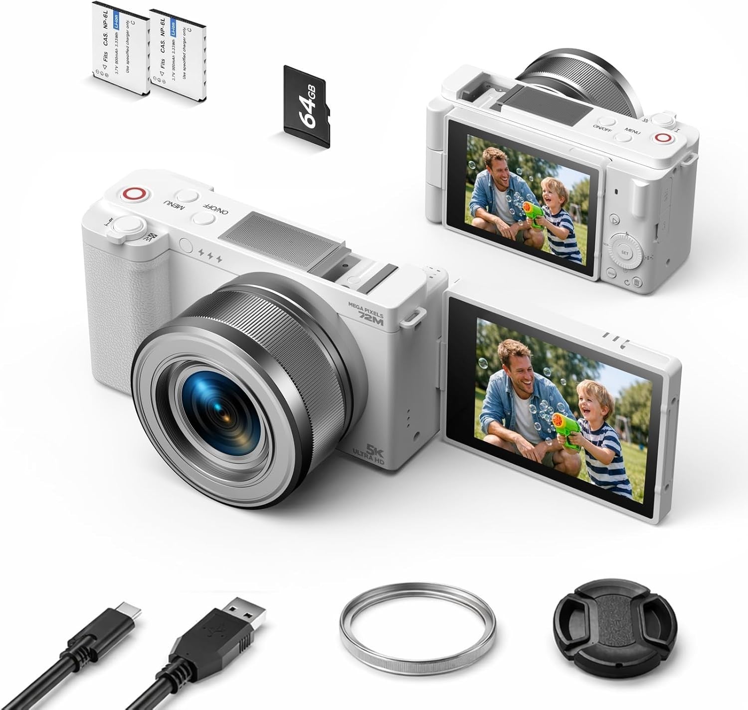 5K 72MP Vlogging Camera 6X Zoom Flip Screen 64GB SD Bundle