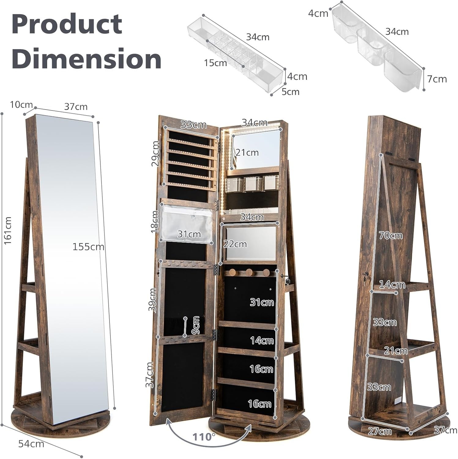 360° Rotating Jewelry Cabinet LED Mirror Lockable Storage Organizer