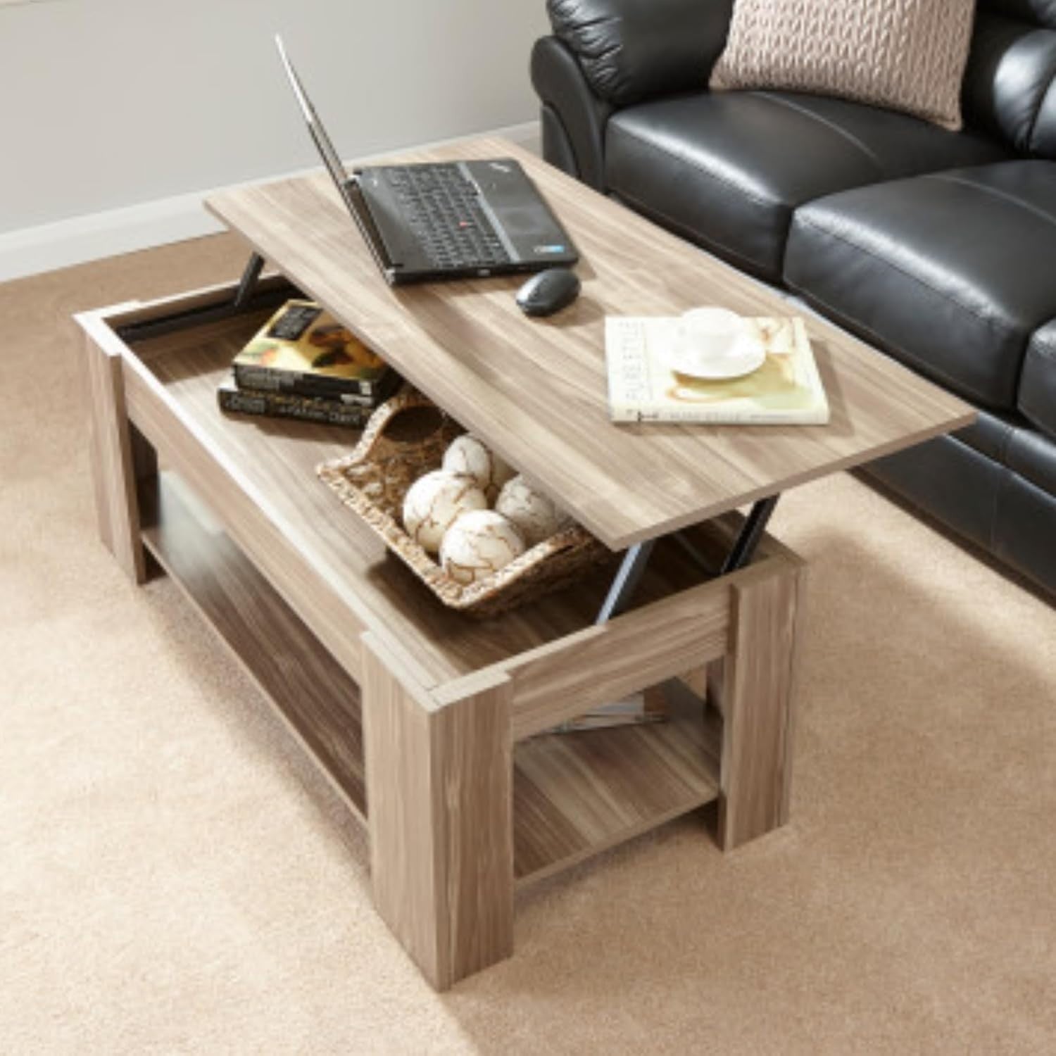 Lift Top Coffee Table with Hidden Storage & Shelf – Walnut Modern Space Saver