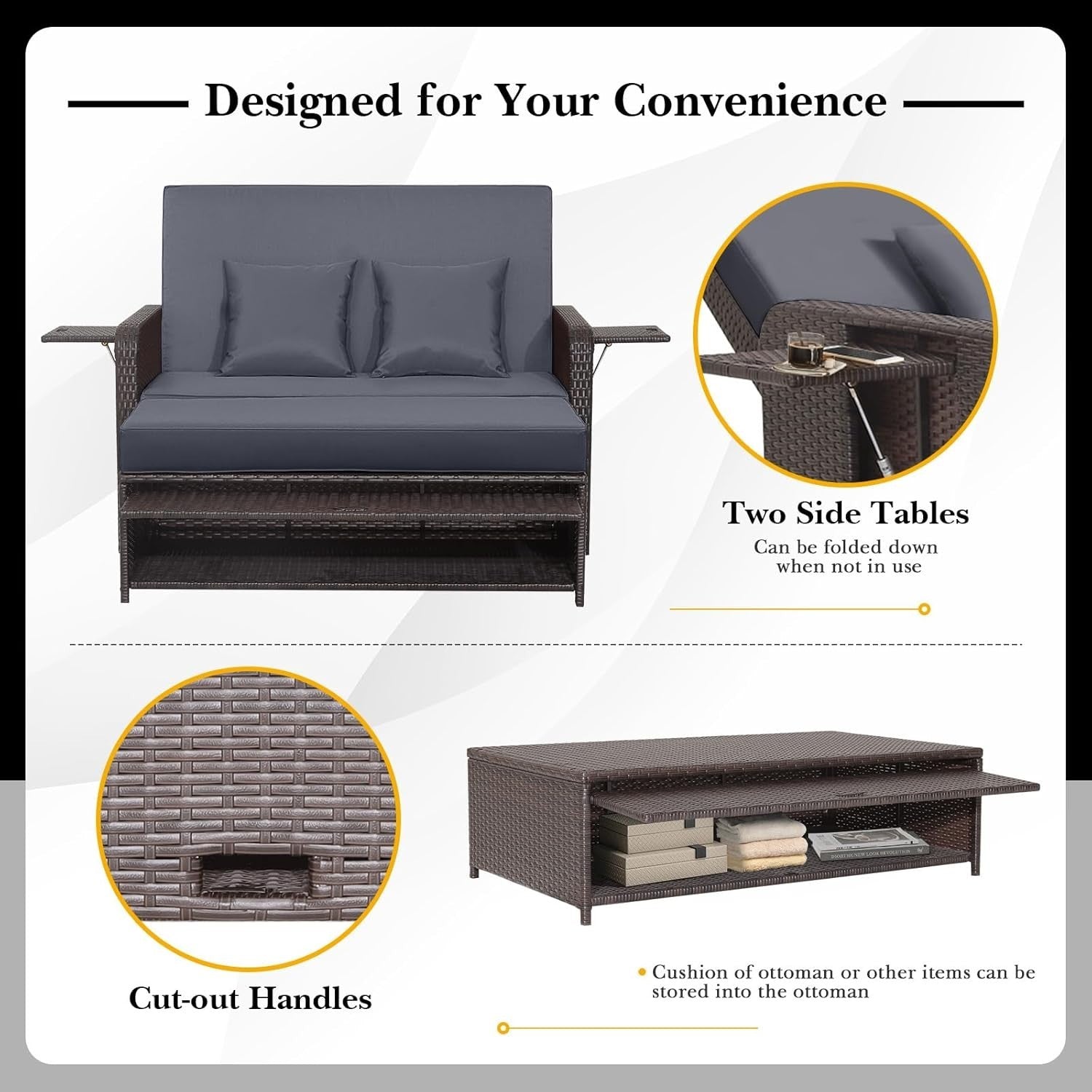 Grey+Brown 2-Seater Rattan Outdoor Daybed with Adjustable Back, Ottoman & Cushio