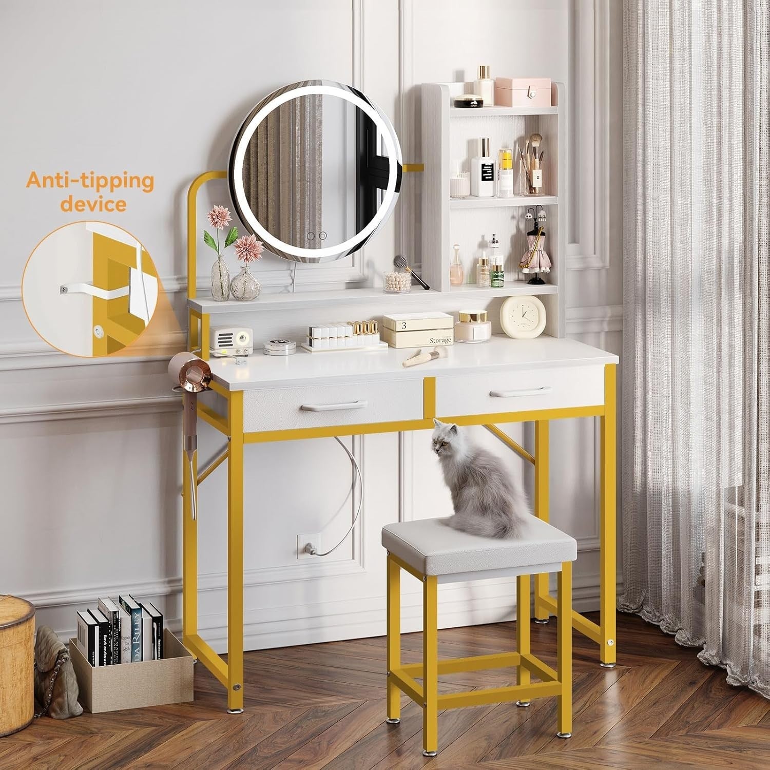 Makeup Vanity Desk Dressing Table with Adjustable LED Light Mirror & Storage Whi