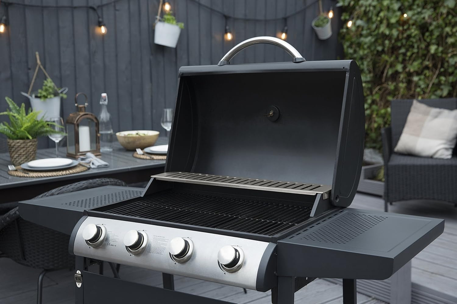 4 Burner Gas BBQ Grill with Thermometer & Shelves | Outdoor Family Barbecue