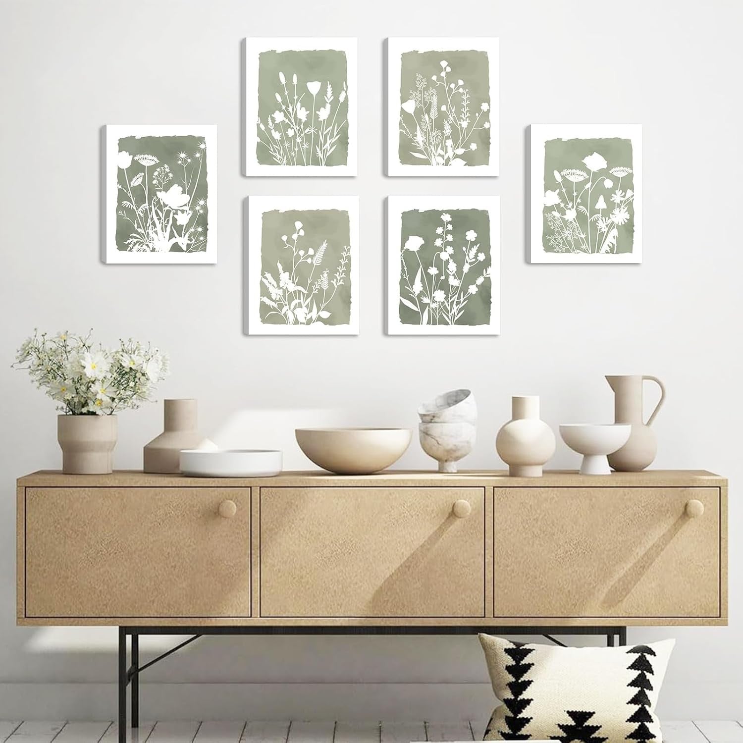 Boho Wildflower Canvas Wall Art Set 6 Framed 20x25cm