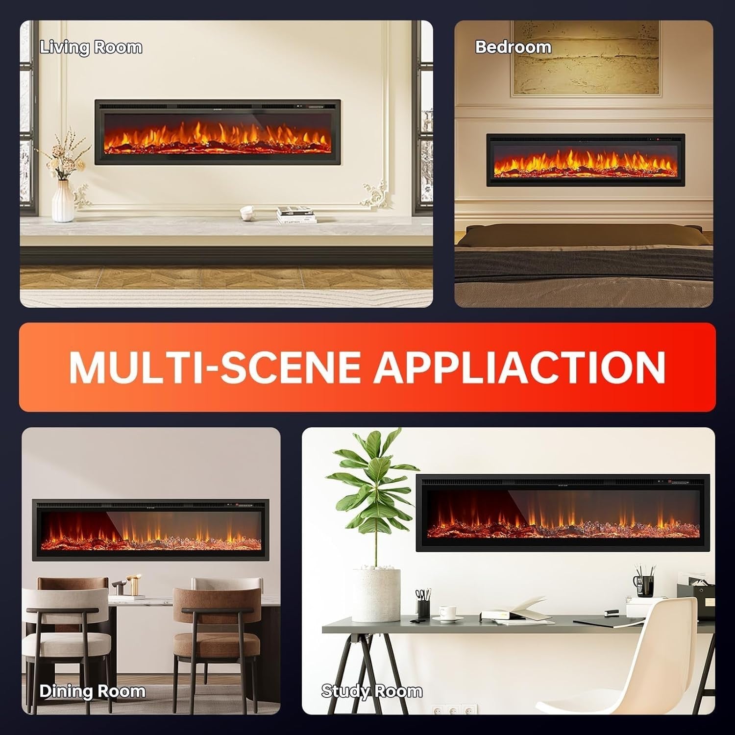 50" Electric Wall Fireplace Recessed Heater LED Log Flame Remote WiFi