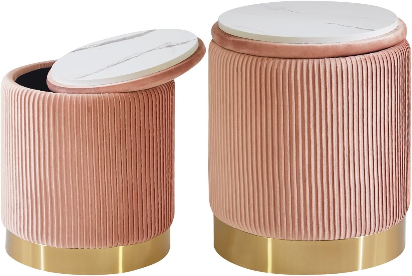Set of 2 Pink Round Storage Ottomans – Velvet Pouffe Stools & Side Tables