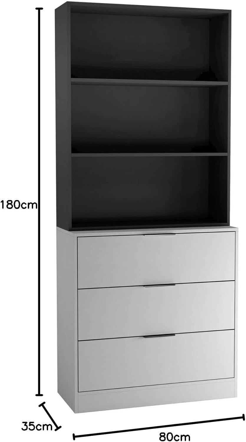 Grey & Black 80cm Wide Chest of Drawers with Bookcase – Tall Storage Unit