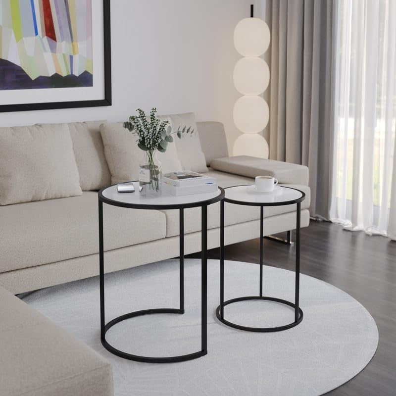 2X Round Glass Nesting End Tables Black Metal Legs Modern Living Room Set