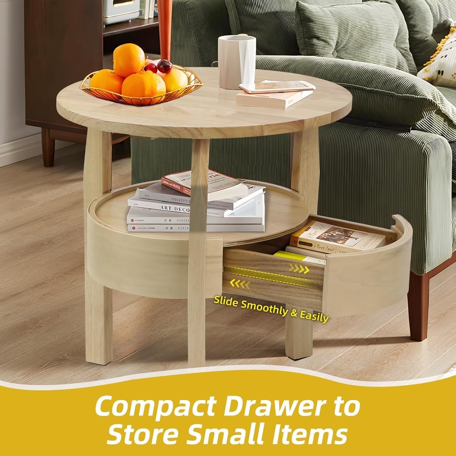 Solid Oak Round Coffee Table with Drawer – 50x40x50cm 2-Tier Storage