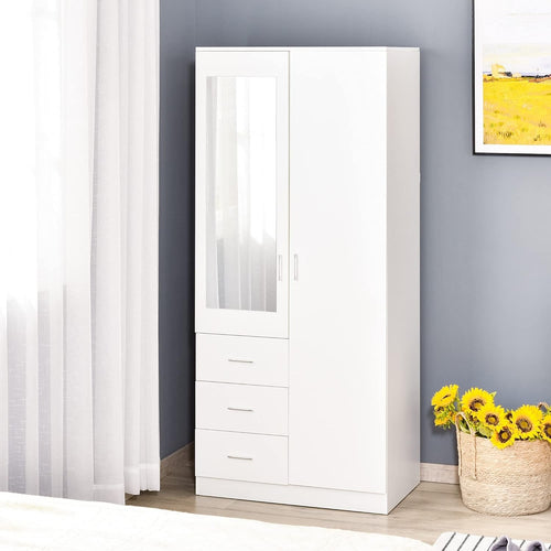 White 2 Door Wardrobe with Mirror 3 Drawers Adjustable Shelves Bedroom