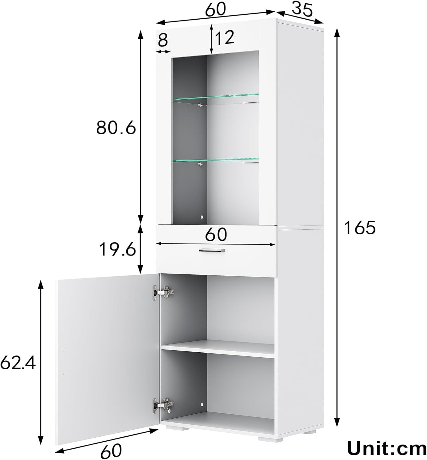 White Gloss Tall LED Display Cabinet 165cm Modern Cupboard with Drawer & Shelves