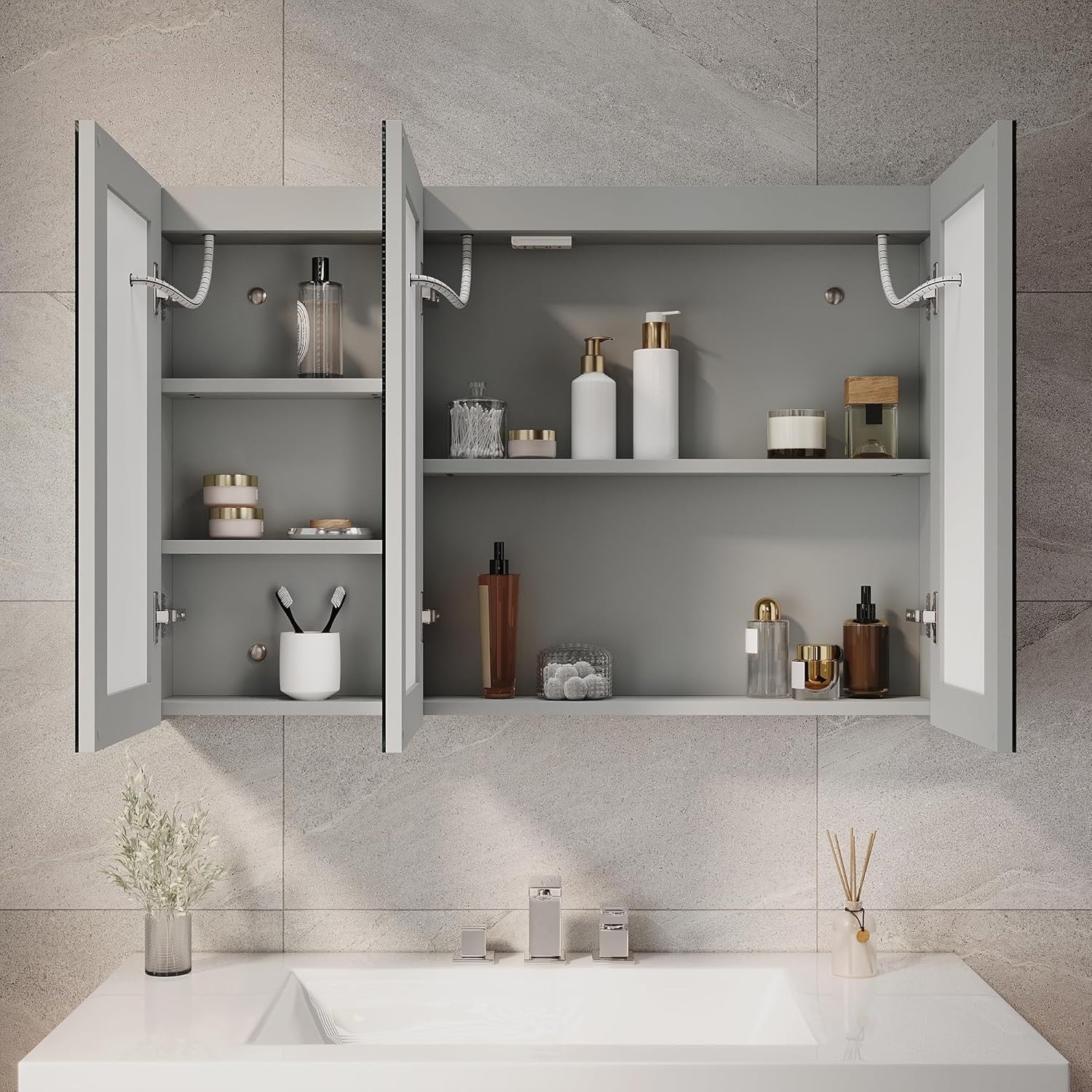 LED Bathroom Mirror Cabinet Triple Door with Anti-Fog, Shaver Socket