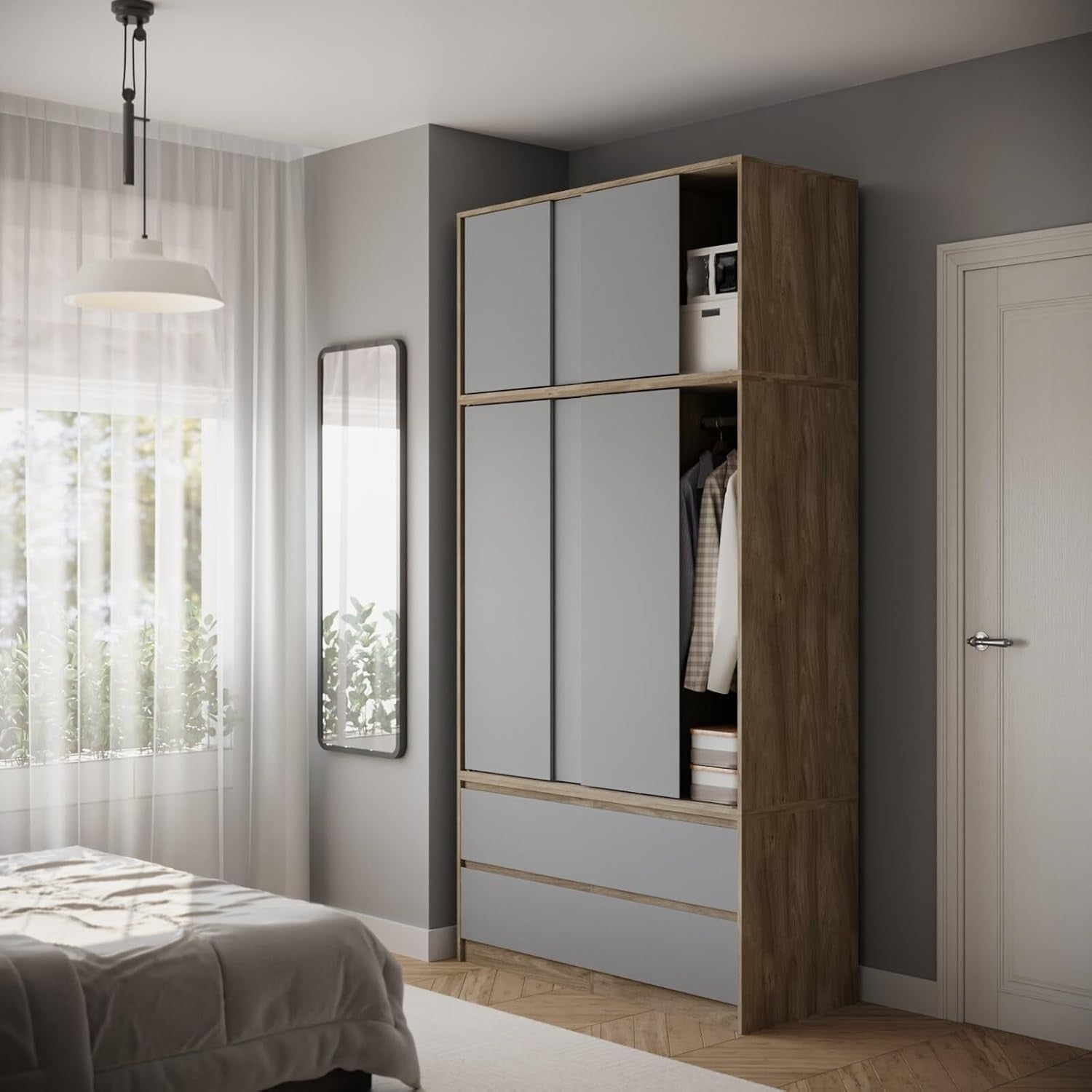 240cm Sliding Wardrobe Grey Doors 6 Door 4 Drawer Closet Storage Unit