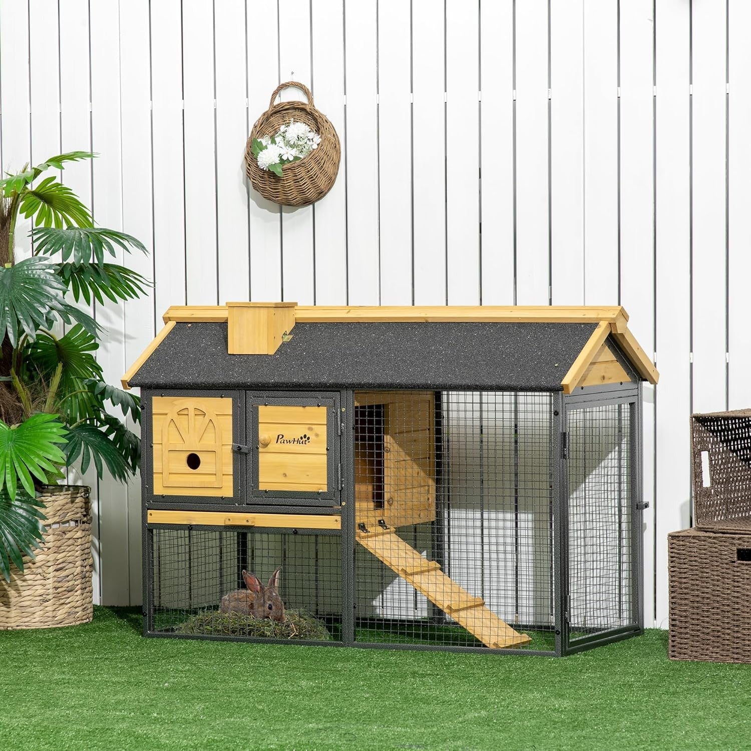2 Tier Rabbit Hutch with Run Outdoor Wooden Cage Ramp Sliding Tray