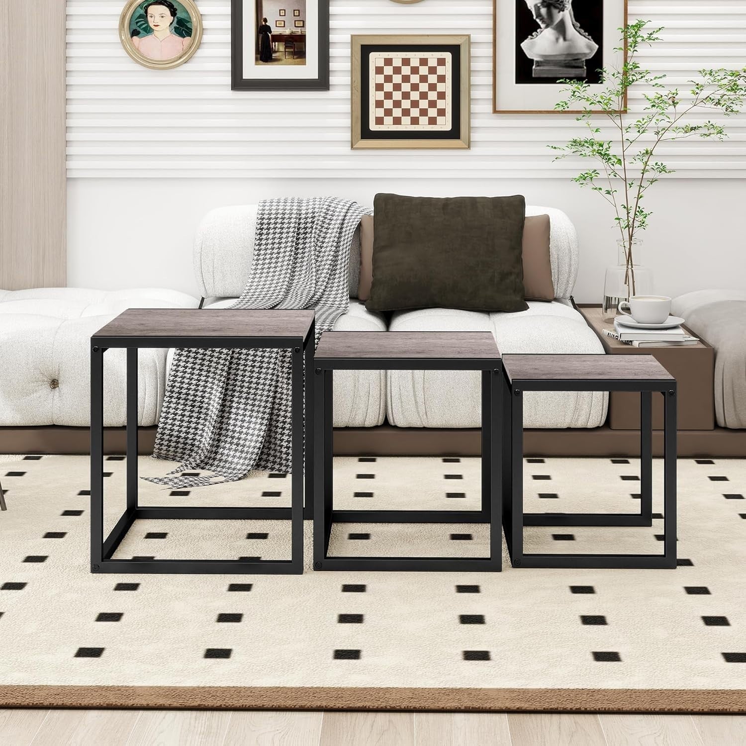 Square Nesting Coffee Side End Table Grey Metal Frame Space Saving Furniture