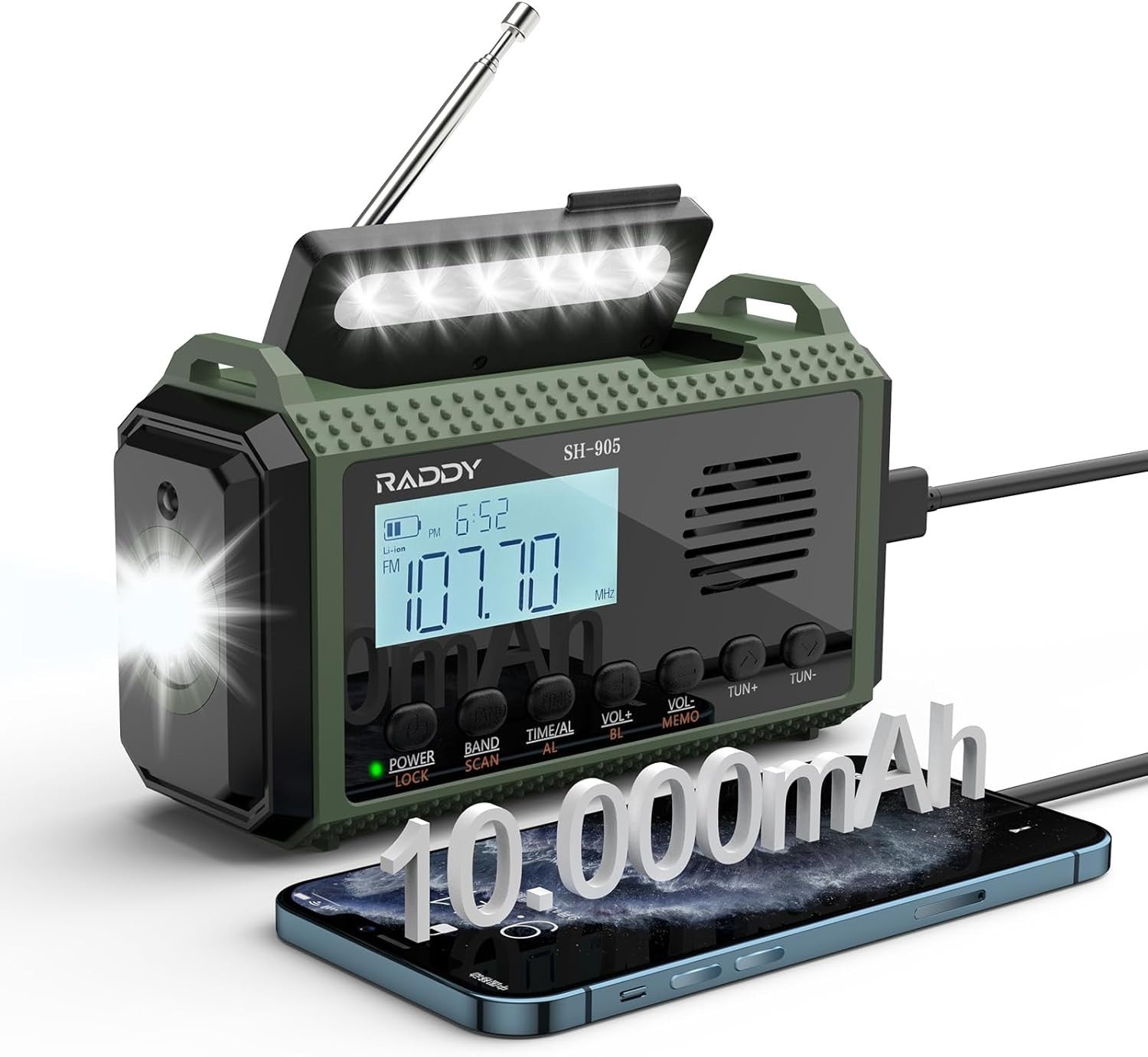 10,000mAh Emergency Hand Crank Radio NOAA Alert Solar Flashlight