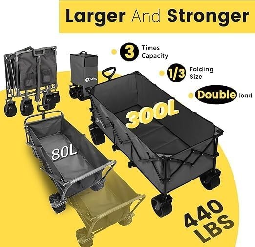 Grey 300L Folding Camping Wagon 150kg Heavy Duty All Terrain Festival Beach Cart
