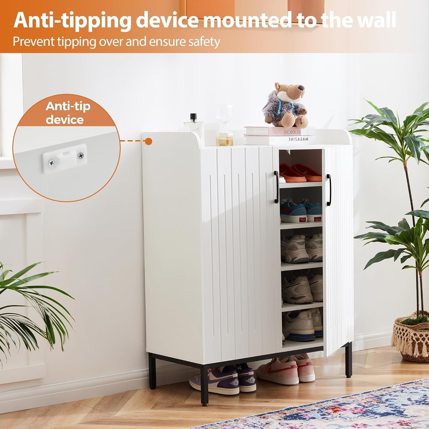 Modern White Shoe Cabinet with 5 Adjustable Shelves, Anti-Tip Safety, 68x37x100c