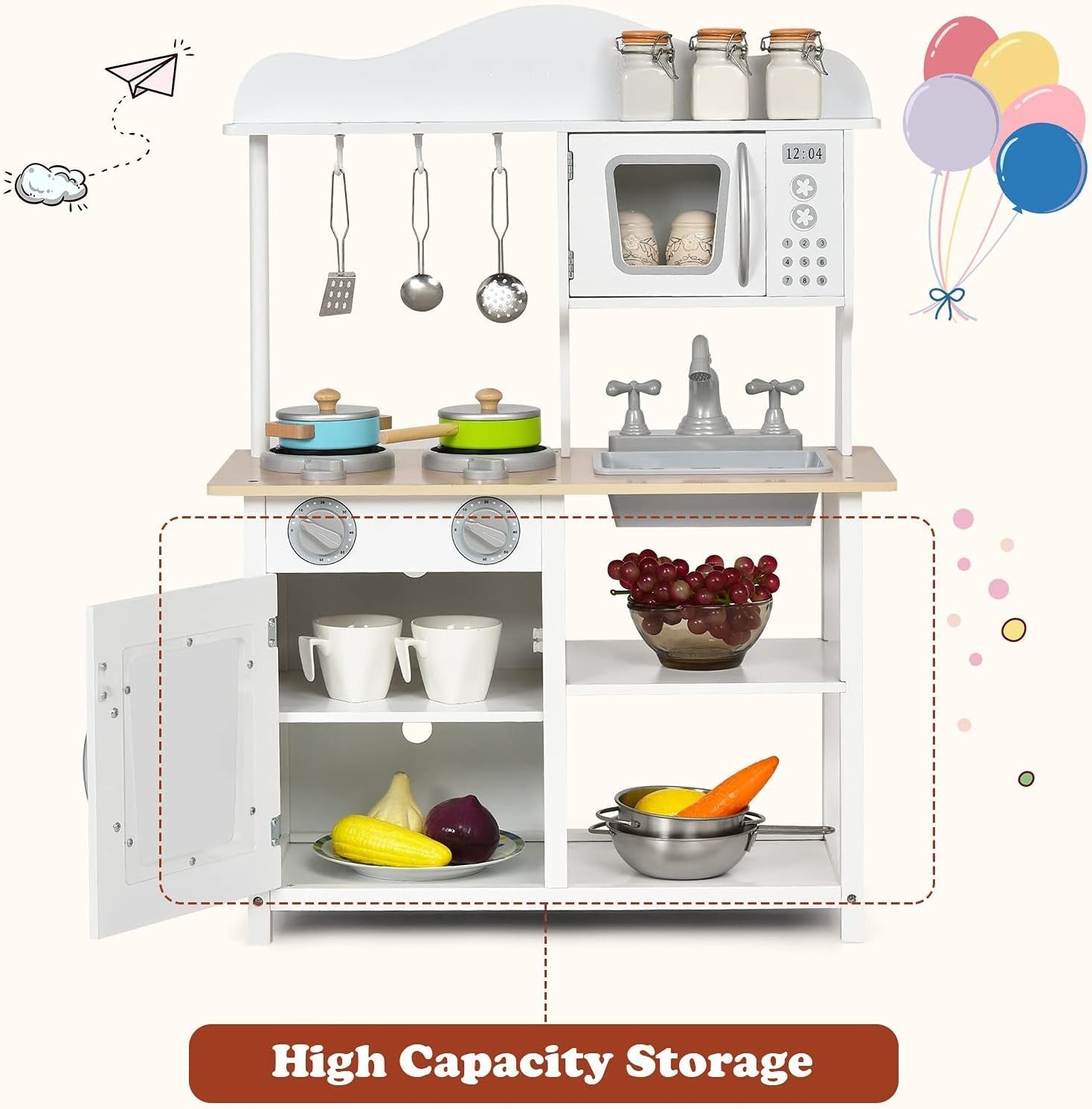 Wooden Kids Play Kitchen w/ Stove Oven Sink Accessories Toy Set