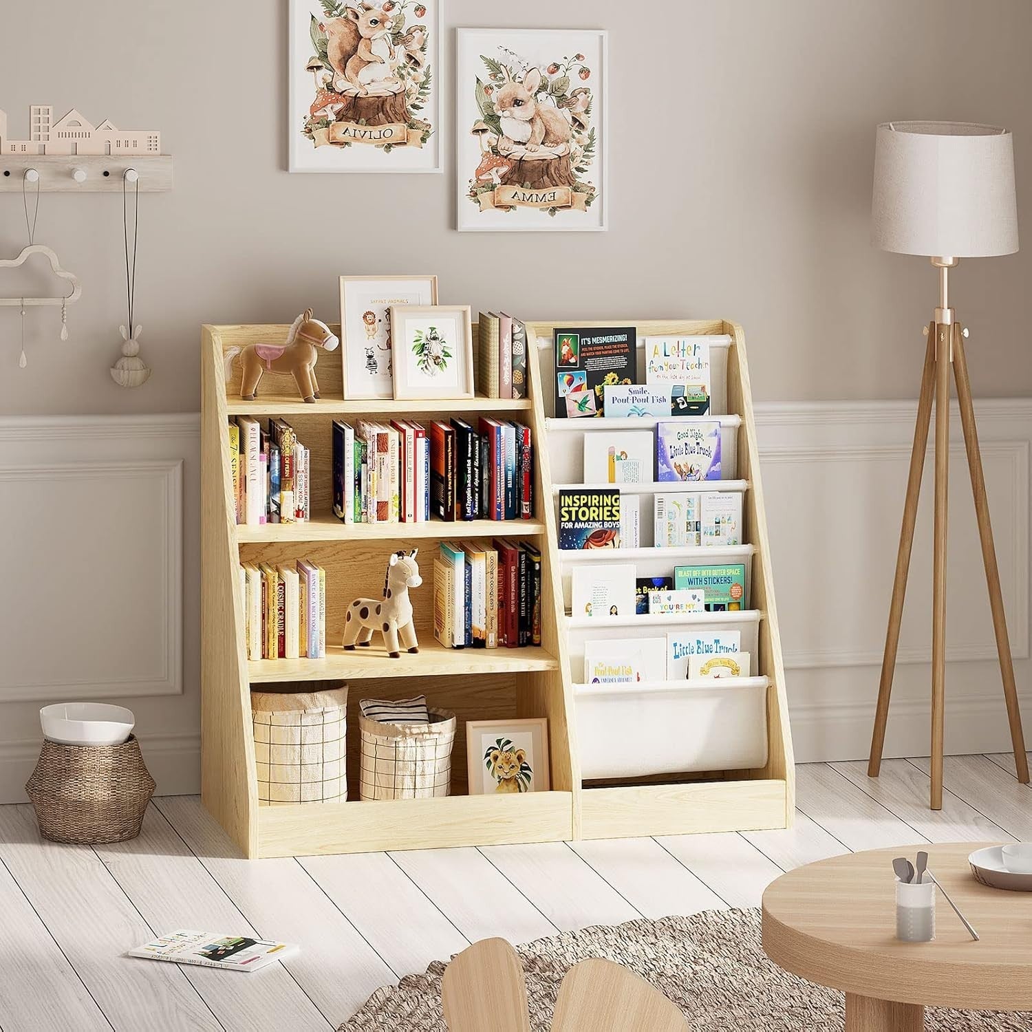 Kids Bookshelf 5 Tier Wooden Book Rack Toy Storage Organizer for Nursery Room