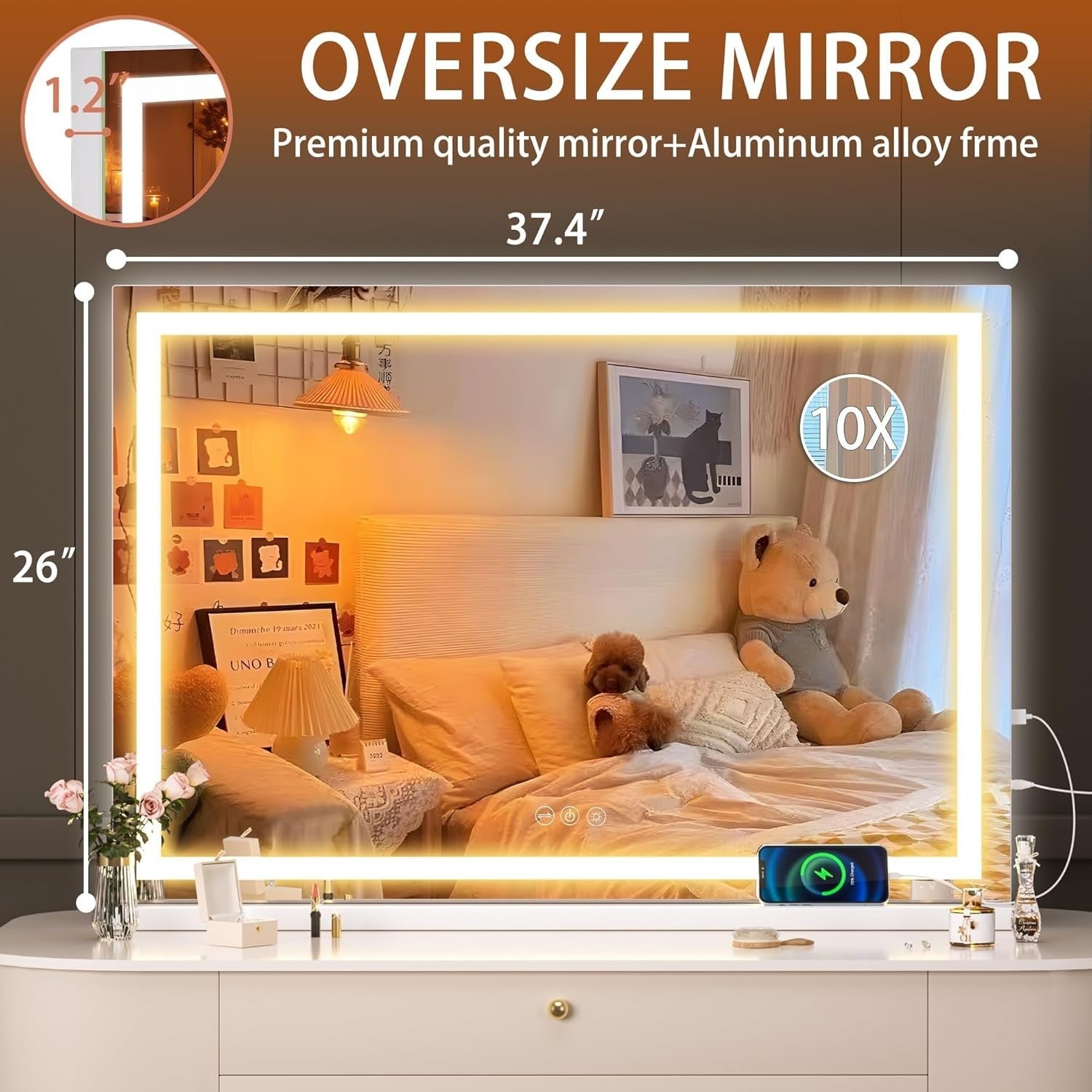 LED Vanity Mirror 95x65cm | Wall/Tabletop, 3 Light Modes, Touch Dimming