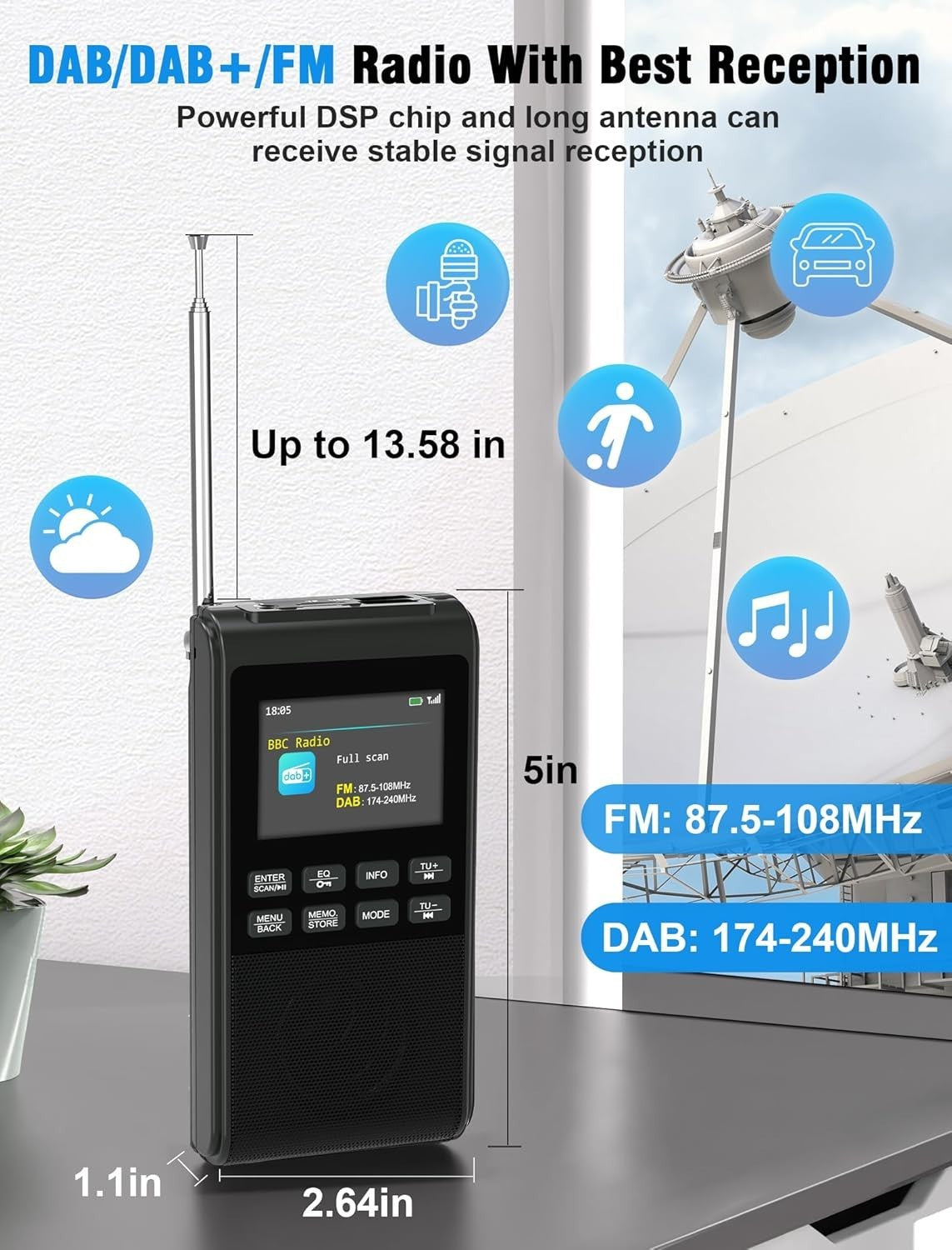 Portable DAB+/FM Radio with Bluetooth, USB/SD MP3 & Dual Alarm