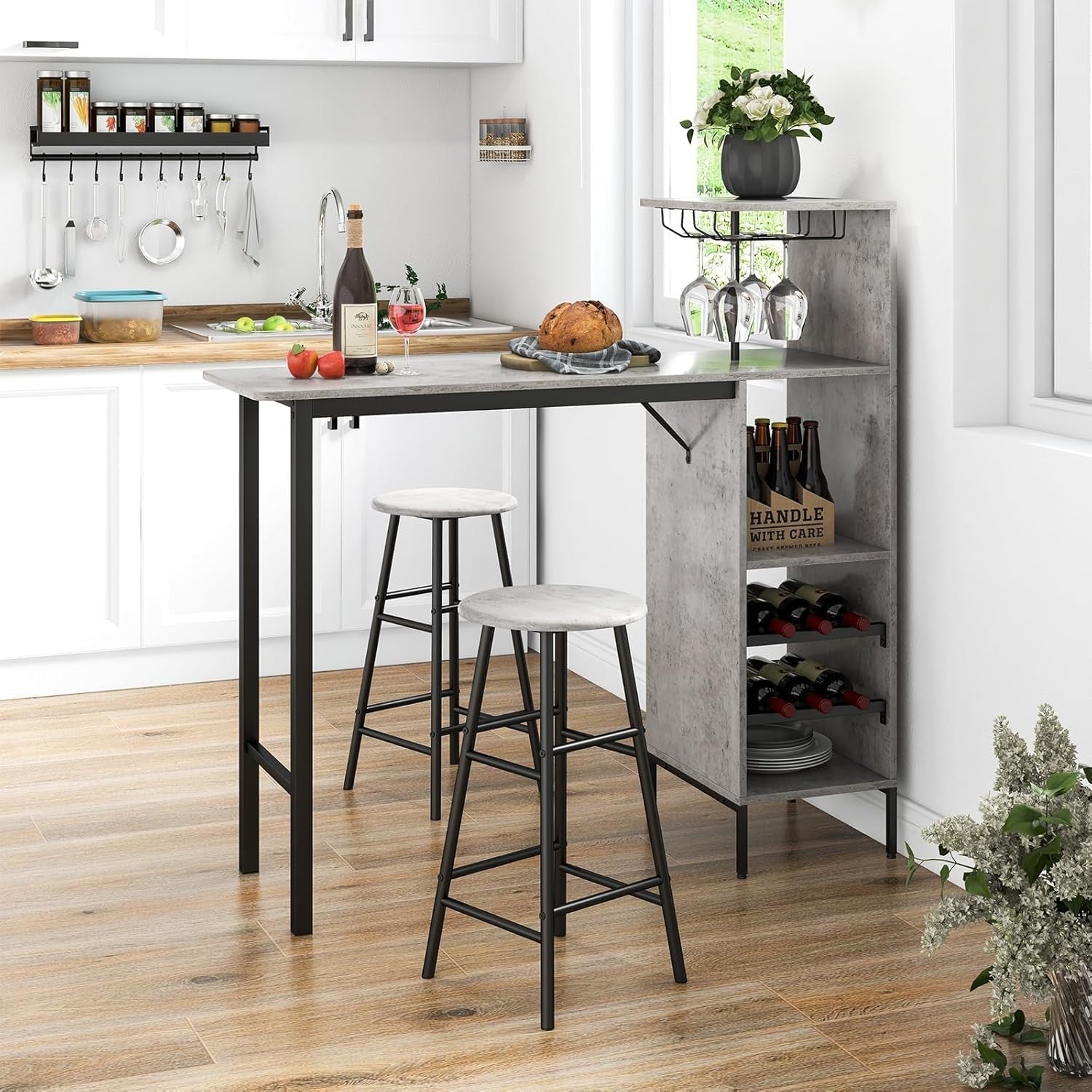 3-Piece Bar Table Set Wine Rack, Glass Holders & Shelves, Grey Industrial Dining
