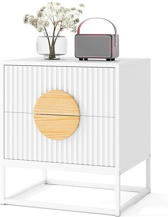 Modern White Bedside Table with 2 Drawers – Metal Frame Wood Accent Storage Unit