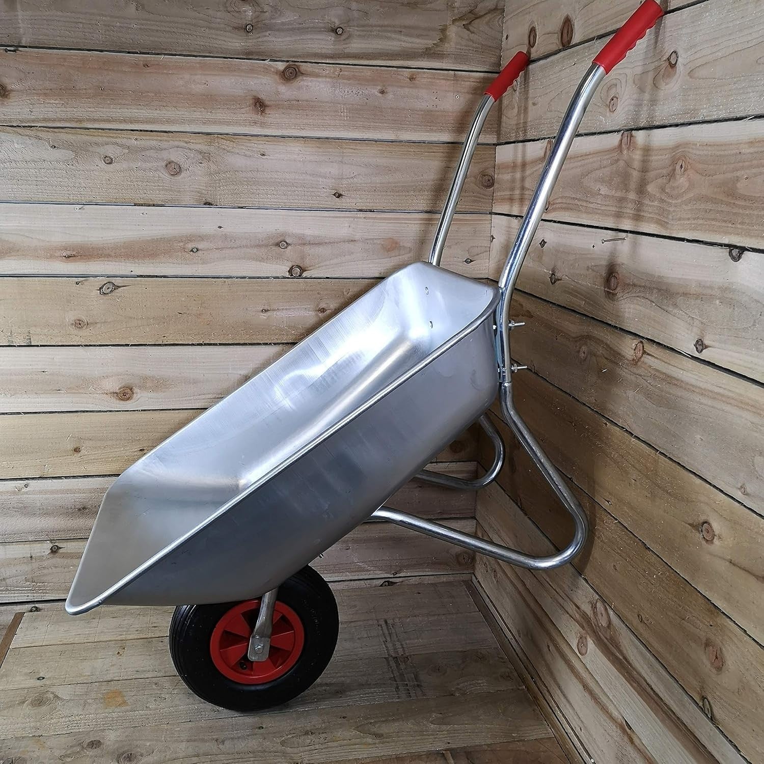 65L Galvanised Wheelbarrow – Steel Tub w/ Pneumatic Tyre & Red Grip Handles 60kg