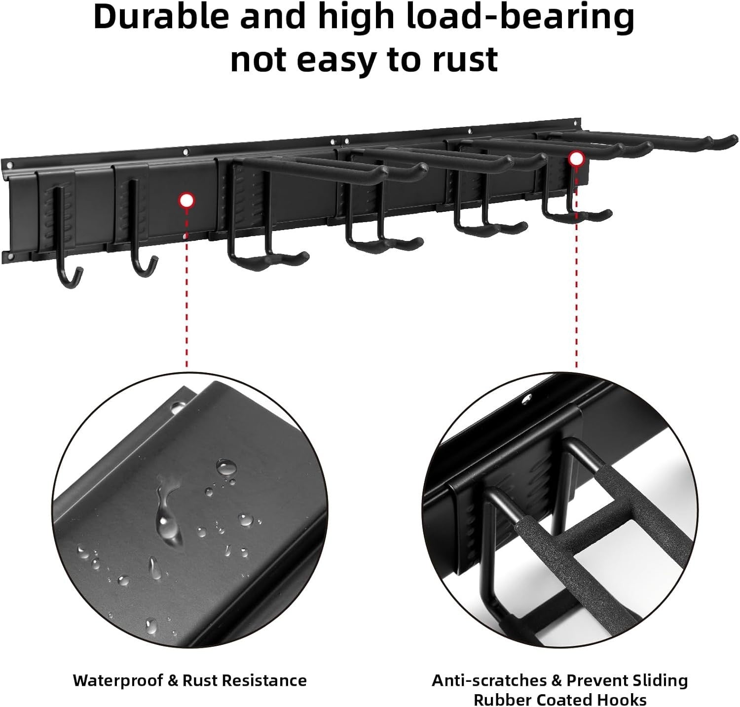 Garage Tool Rack Wall Mounted 6 Adjustable Hooks Heavy Duty Steel Black