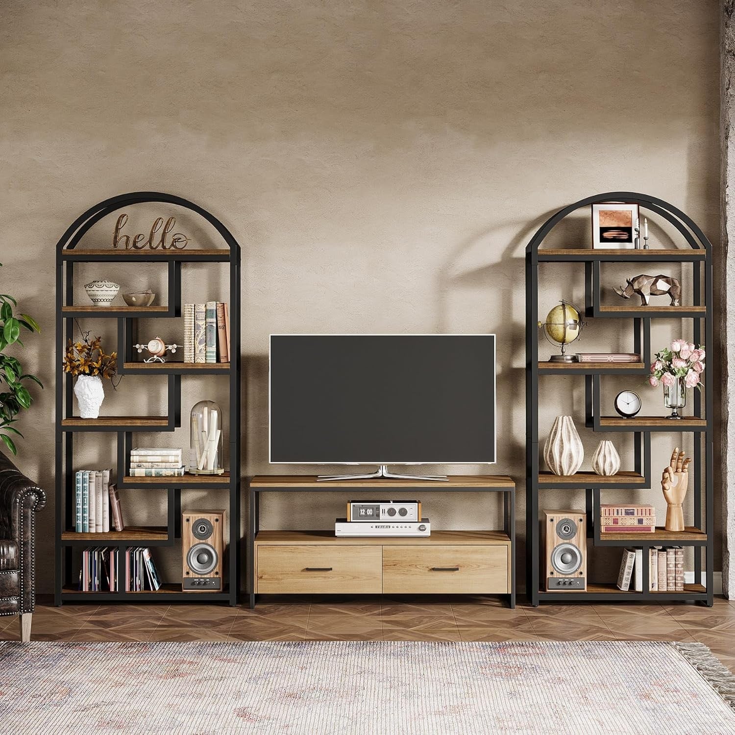 180cm Tall Arch Bookshelf | 7-Tier Rustic Industrial Wood & Metal Display Shelf
