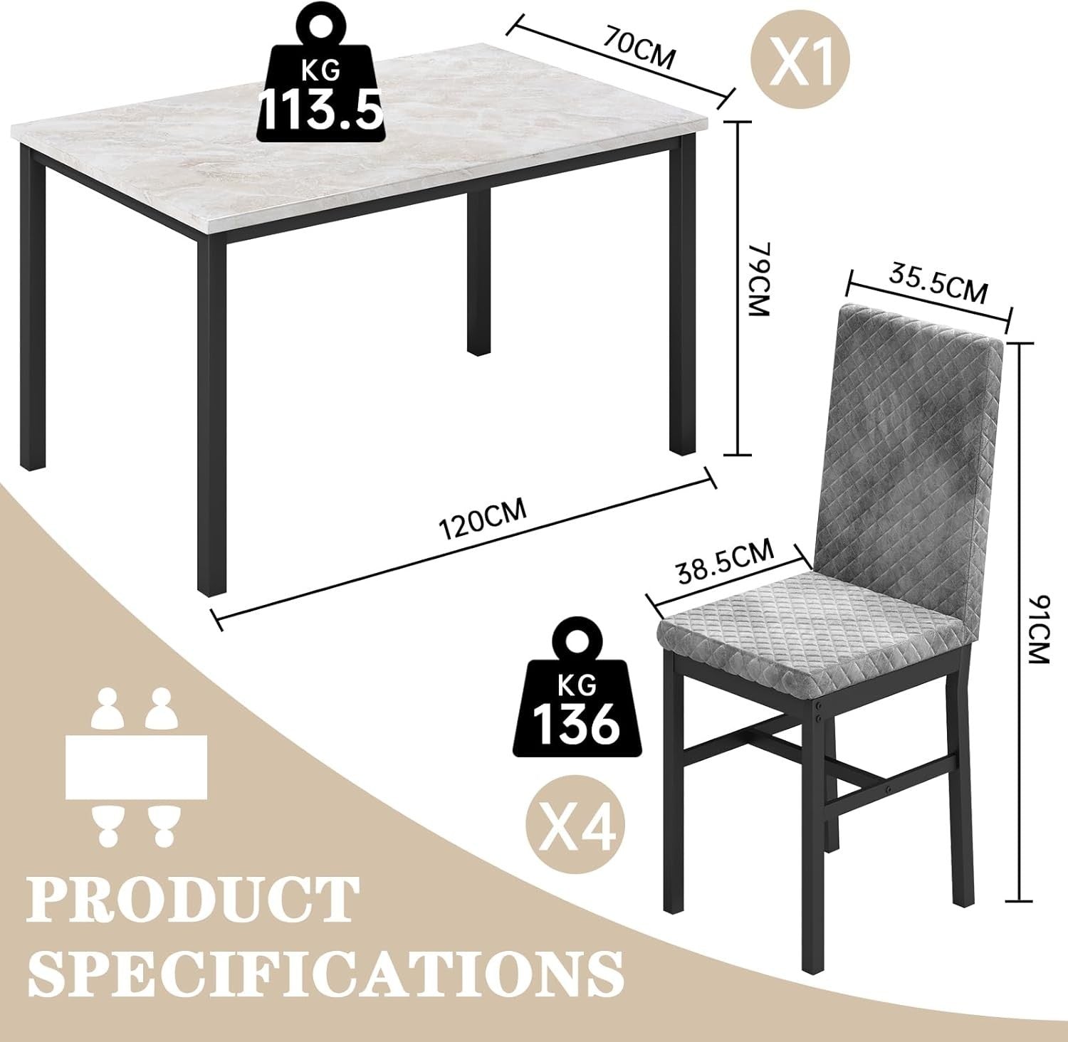 Faux Marble Dining Table & 4 Upholstered Chairs Set Space-Saving Design (Gray)