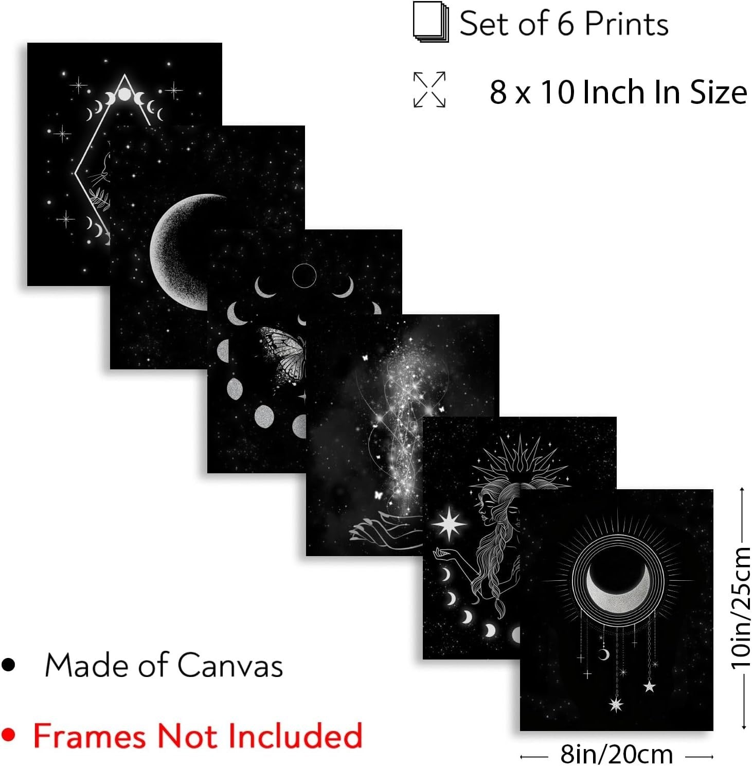 6pcs Moon Phase Wall Art Prints Witch Cat Celestial Decor 8x10in