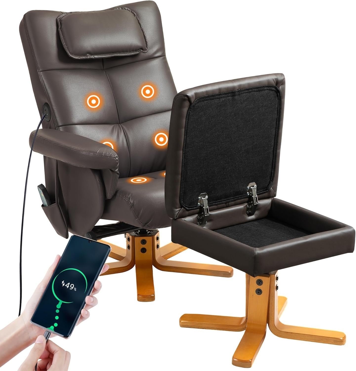 Massage Recliner Chair w/ Footstool Heat USB Storage Faux Leather Brown