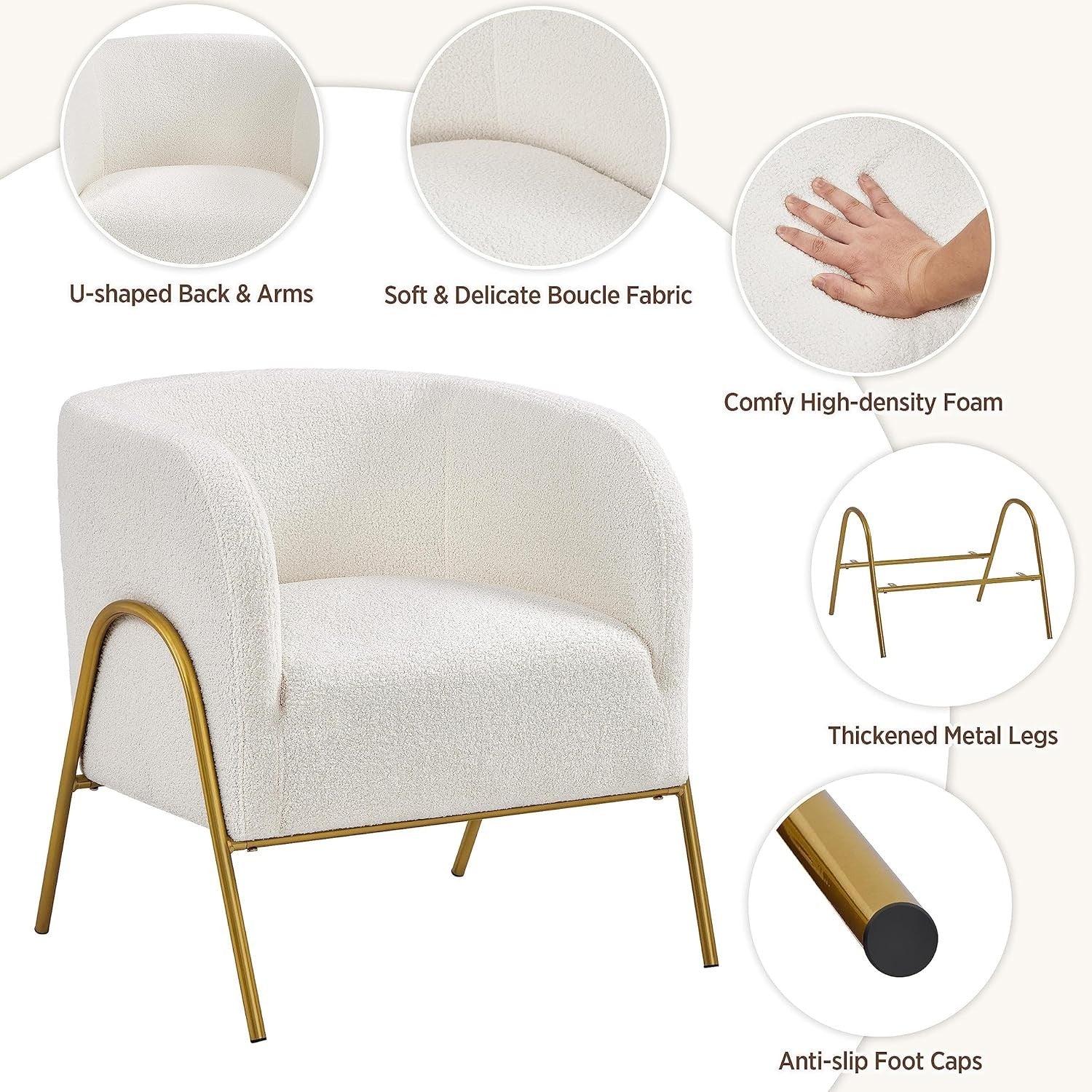 Boucle Tub Chair Ivory Accent Barrel Chair Gold Metal Legs