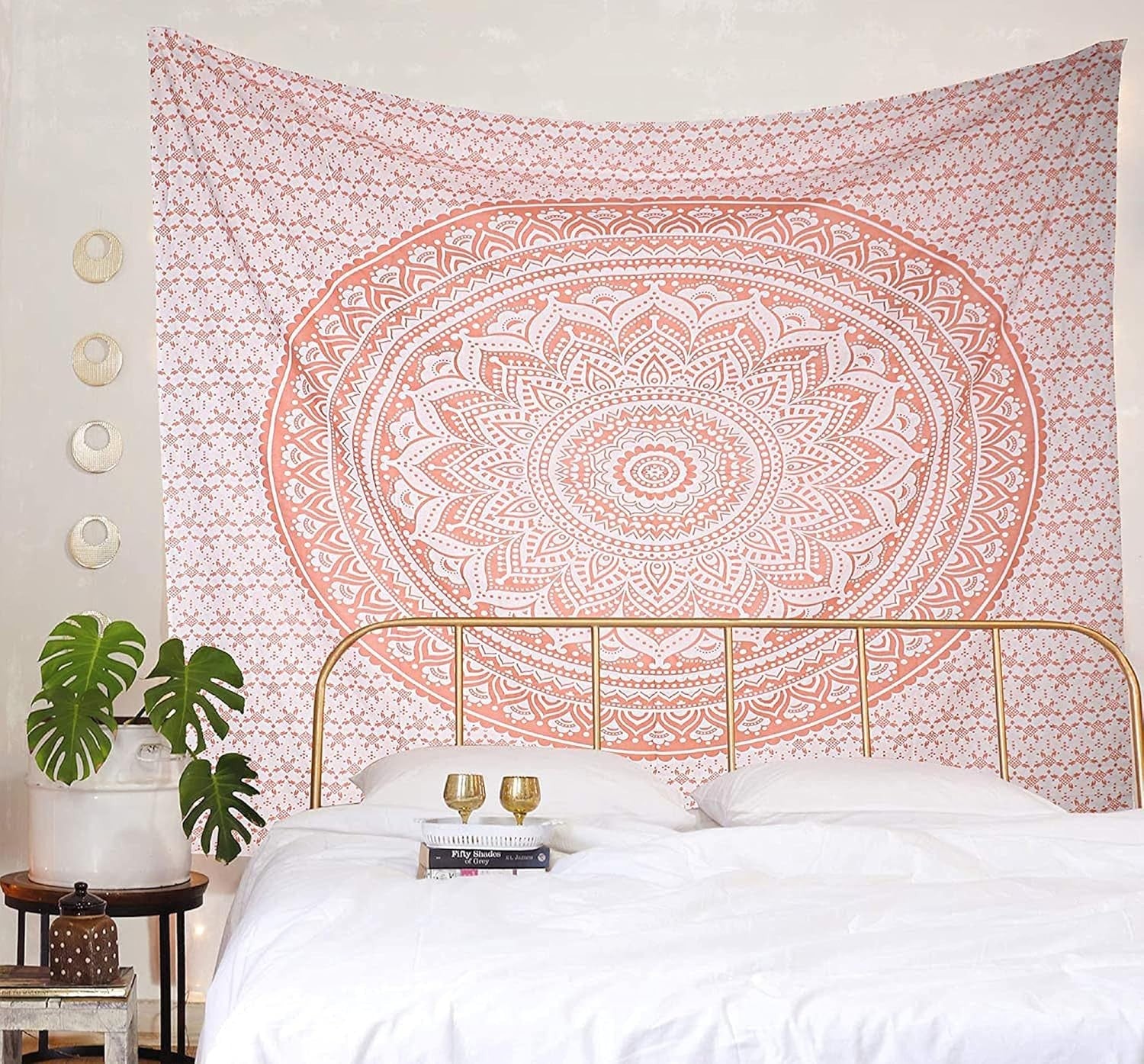 Boho White Rose Gold Mandala Tapestry 52x82" Cotton Wall Decor