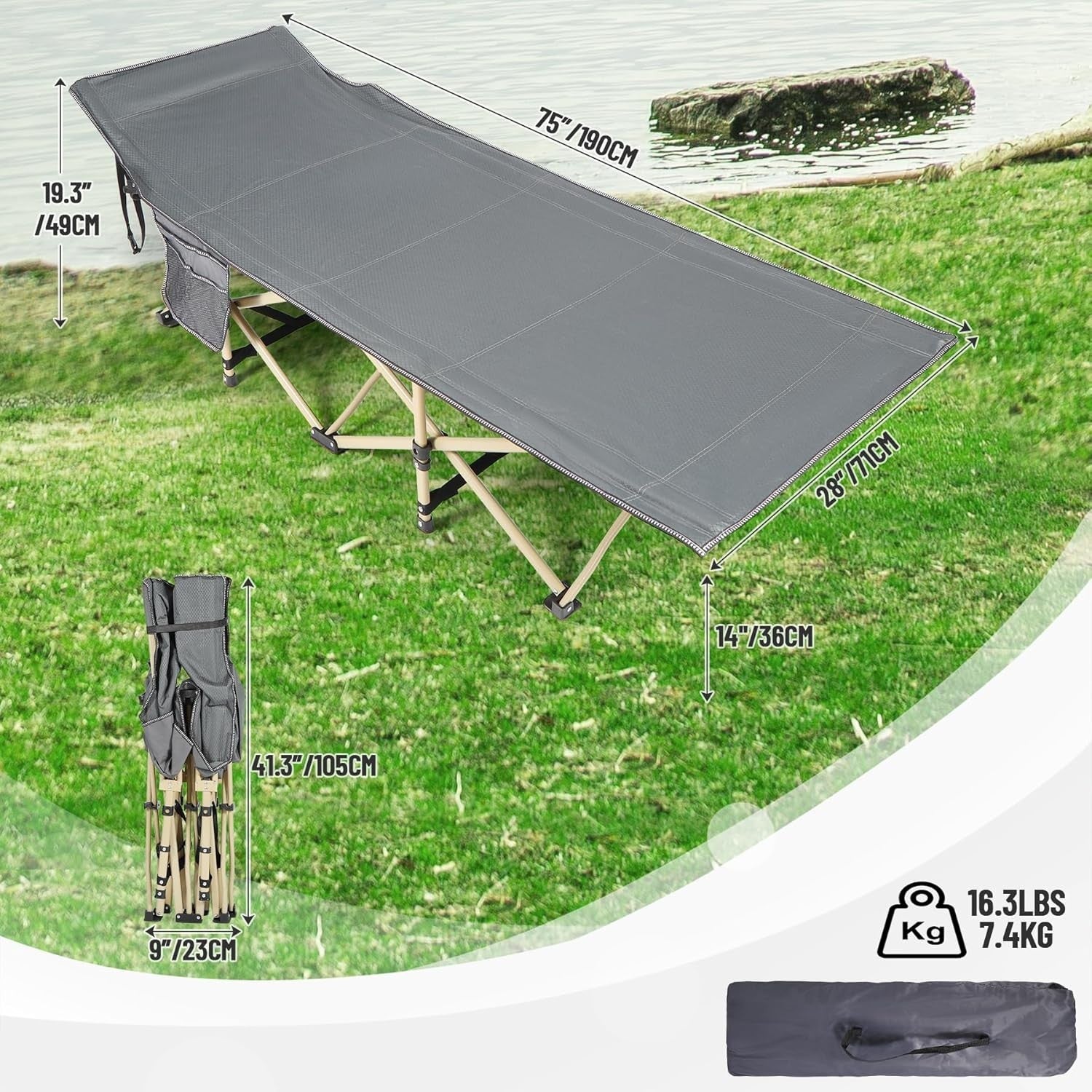 Folding Camping Bed with Thick Mattress | 500lbs Heavy Duty Outdoor Cot