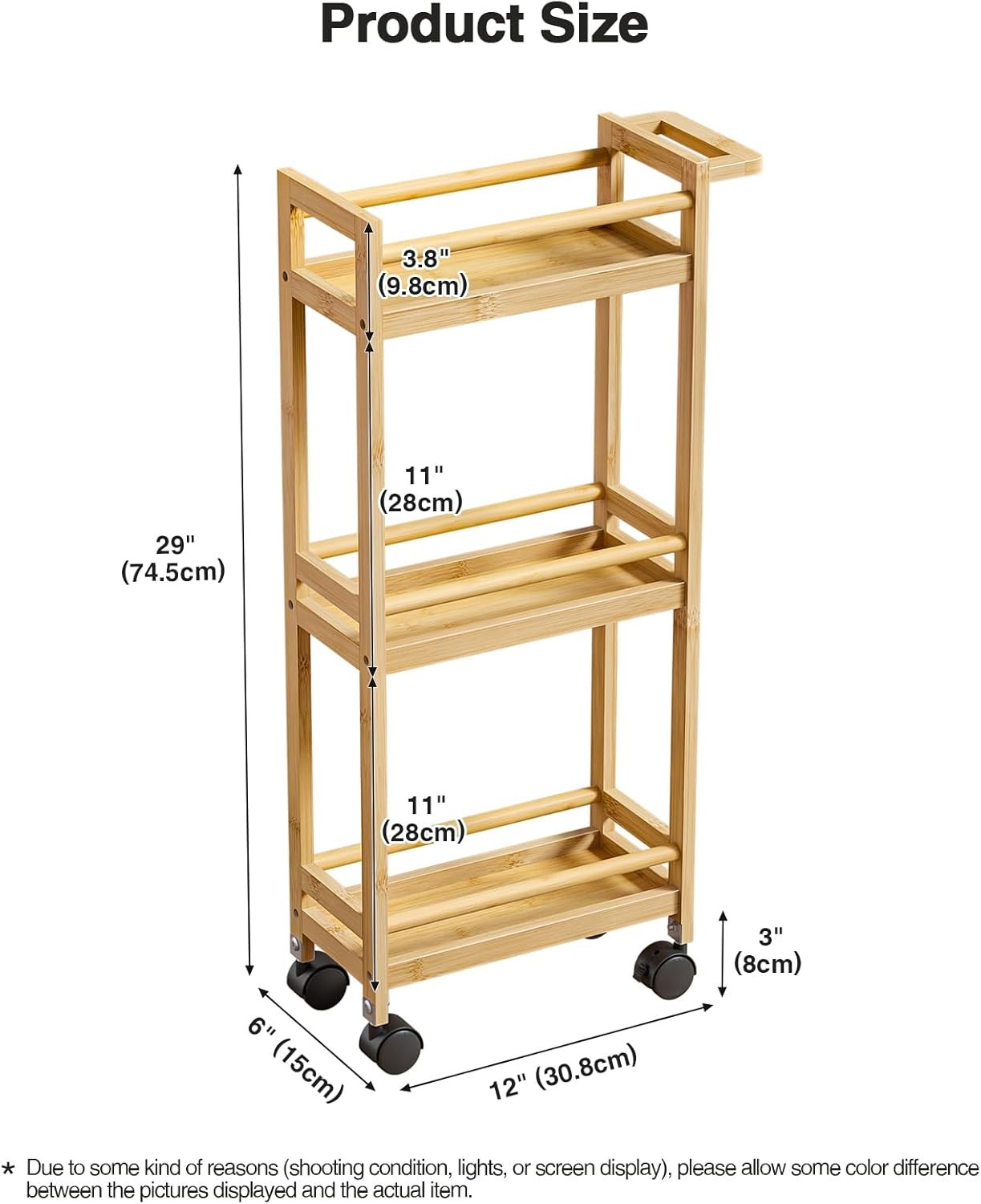 Bamboo 3 Tier Rolling Kitchen Trolley Cart with Wheels Storage Shelf