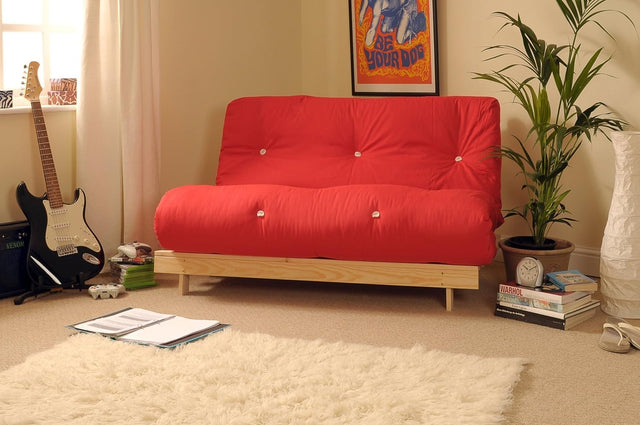 4ft Small Double Wooden Futon Sofa Bed Red Tufted Cotton Mattress Compact