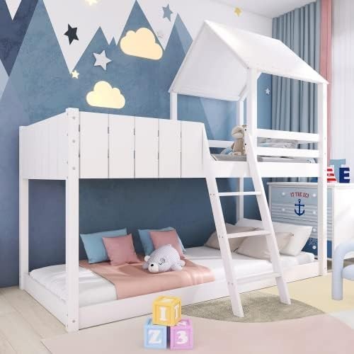 Solid Pine Wood Cabin Bunk Bed with Ladder & Guard Rail, Twin 90x190cm