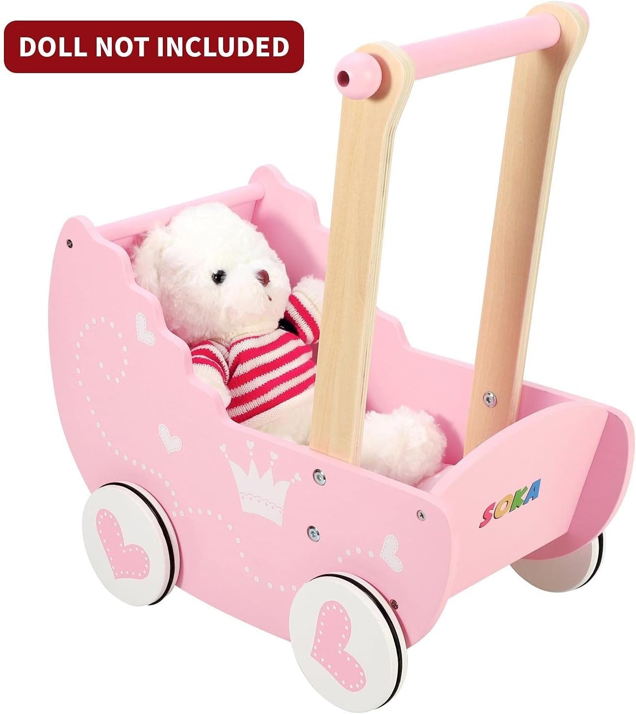 Wooden Doll Pram Push Along Pink Princess Toy with Bedding 3+